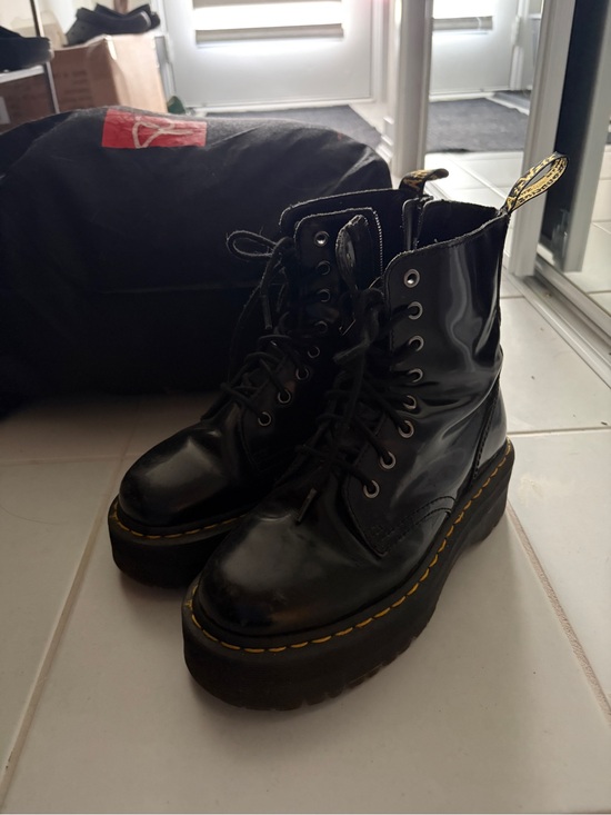 Dr. Martens Shoes - Dr. Martens Black Patent Platform Lace-Up Boots with Yellow Stitching